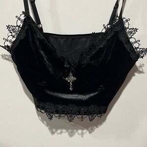 Widow Womens Velvet Black Lace Bra Crop Top Size Medium w/ Cross Gothic